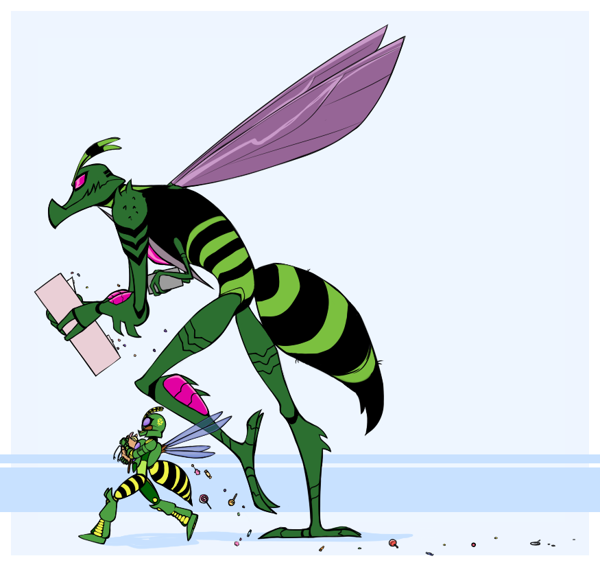 4_arms alien ambiguous_gender animal_humanoid antennae arthropod beast_wars candy claws crossover cybertronian decepticon digital_drawing_(artwork) digital_media_(artwork) duo food green_body humanoid hymenopteran insect insect_wings living_machine lollipop machine multi_arm multi_limb orcasongs predacon purple_eyes robot rock_candy simple_background size_difference standing transformers transformers_animated wasp waspinator wings