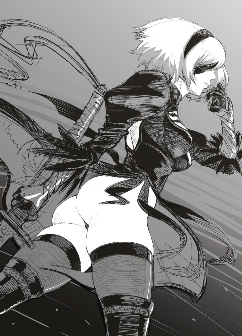 1girl ass back_cutout black_blindfold black_dress black_hairband blindfold boots breasts cleavage_cutout commentary_request covered_eyes dress feather-trimmed_sleeves gloves hairband highleg highleg_leotard hounyoumaru juliet_sleeves katana leotard long_sleeves medium_breasts monochrome nier_(series) nier_automata puffy_sleeves silver_hair solo sword thigh_boots thighhighs thighhighs_under_boots vambraces weapon white_hair white_leotard yorha_no._2_type_b