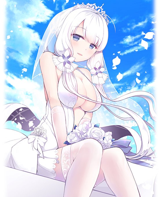 1girl azur_lane blush breasts dress elbow_gloves eyebrows_visible_through_hair gloves illustrious_(azur_lane) long_hair looking_at_viewer low_twintails open_mouth silver_hair solo teramoto_kaoru thighhighs twintails white_dress white_hair white_legwear