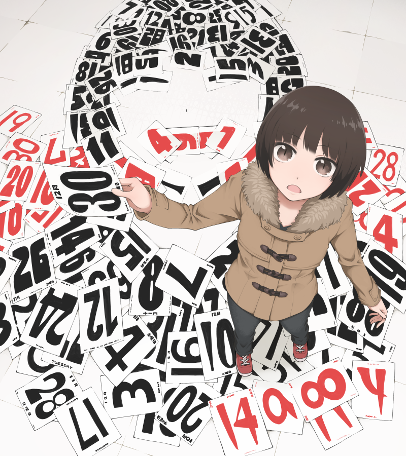 black_hair brown_eyes calendar_(object) coat commentary_request denim face from_above full_body jeans looking_at_viewer open_mouth original pants shoes short_hair smile sneakers solo yajirushi_(chanoma)