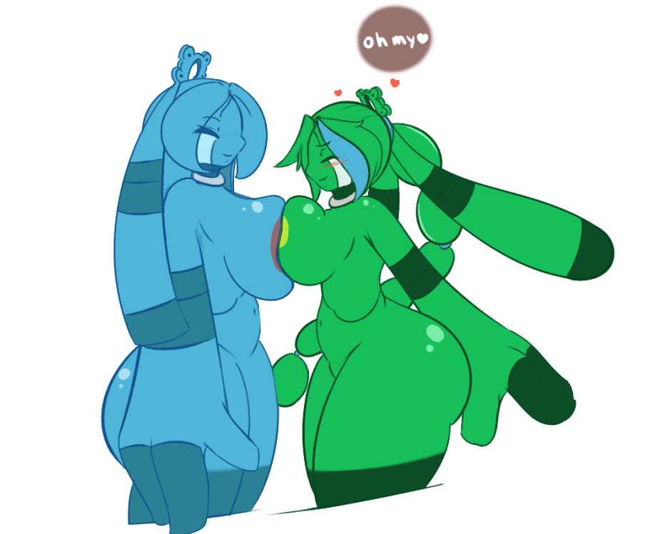 2016 alternate_color anabelle anthro anthrofied bellaria big_breasts blue_body blue_hair blush breast_squish breasts bronzong butt dialogue duo english_text eyes_closed fan_character female female/female flare-zen green_body green_hair hair huge_breasts long_hair navel nintendo nude pok&eacute;mon pok&eacute;morph side_boob side_view simple_background speech_bubble text thick_thighs video_games white_background wide_hips