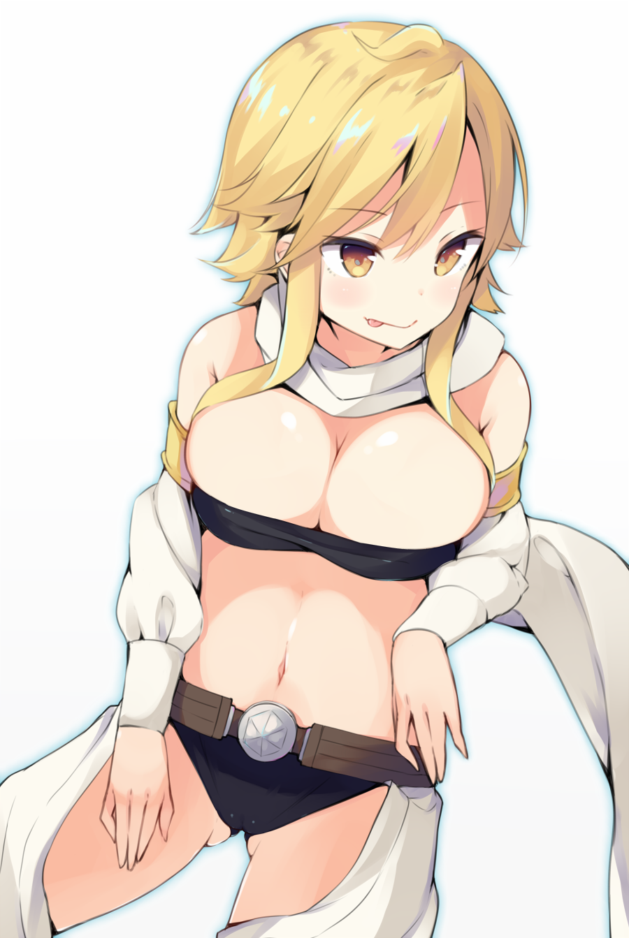 :q ahoge akame_ga_kill! ass_visible_through_thighs bandeau bangs bare_shoulders belt blonde_hair blush breasts bursting_breasts cameltoe cleavage closed_mouth commentary_request cowboy_shot detached_sleeves highres large_breasts leone long_hair looking_to_the_side midriff mimura_zaja navel scarf sidelocks simple_background solo tongue tongue_out white_background white_scarf yellow_eyes