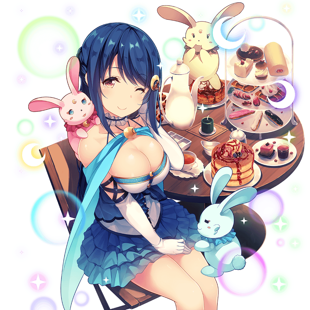 blue_cape blue_hair blue_skirt braid breasts bunny bunny_hair_ornament cake candle cape chair cleavage creamer_(vessel) crescent crescent_hair_ornament cup dessert dress eclair_(food) elbow_gloves food french_braid from_above fruit gloves hair_ornament hairclip hand_to_head ice_cream large_breasts long_hair looking_at_viewer luna_softeti neck_ruff official_art one_eye_closed pancake plate red_eyes sitting siva_(executor) skirt smile solo sparkle table teacup teapot tiered_tray transparent_background uchi_no_hime-sama_ga_ichiban_kawaii white_gloves