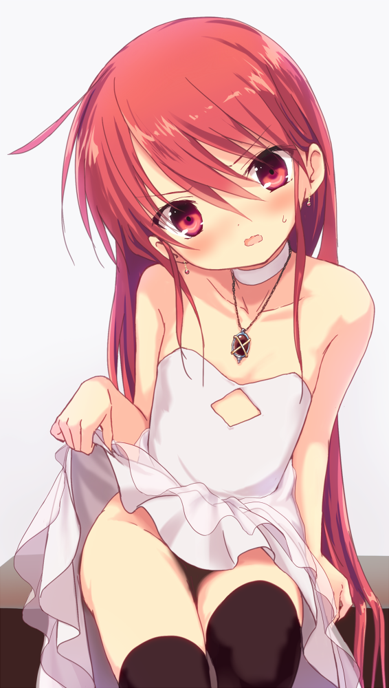 1girl arm_support bangs bare_arms bare_shoulders blush choker collarbone commentary_request dress dress_lift earrings eyebrows_visible_through_hair grey_background grin hair_between_eyes head_tilt jewelry kotsu lifted_by_self long_hair no_panties nose_blush parted_lips pendant red_eyes red_hair shakugan_no_shana shana sitting smile solo strapless strapless_dress sweat very_long_hair wavy_mouth white_choker white_dress