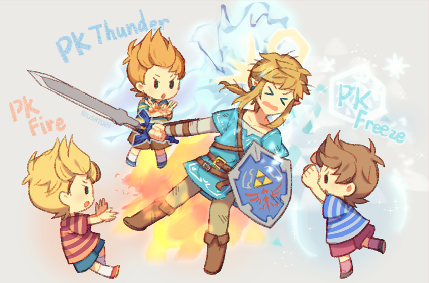 angry blonde_hair blue_eyes brown_hair claus eyes_closed full_body gloves ice link long_hair lucas male_focus master_sword mother_(game) mother_3 multiple_boys nintendo pointy_ears quiff shield shirt short_hair simple_background smile striped striped_shirt super_smash_bros. super_smash_bros._ultimate sword the_legend_of_zelda the_legend_of_zelda:_breath_of_the_wild thunder weapon wusagi2
