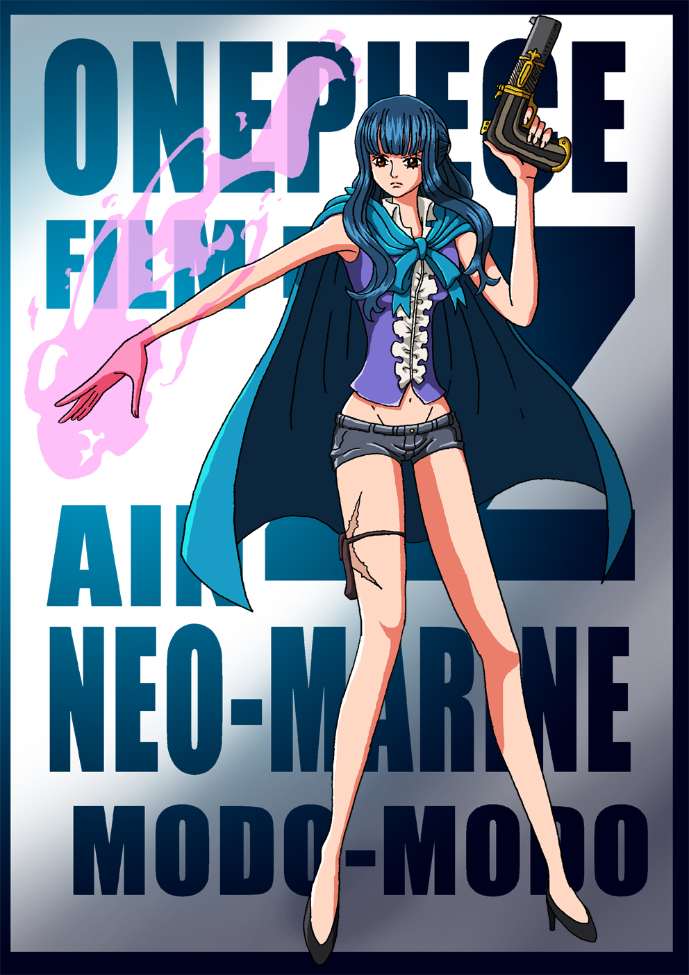 1girl bare_legs blue_hair breasts ein_(one_piece) female long_hair one_piece one_piece_film_z scar short_shorts weapon