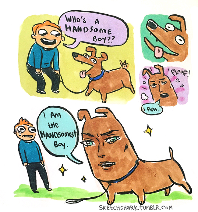 2016 black_pants blue_collar blue_shirt canine clothed clothing collar comic dog english_text feral human humor male mammal pants question simple_background sketchshark smile sparkle speech_bubble tears text what white_background