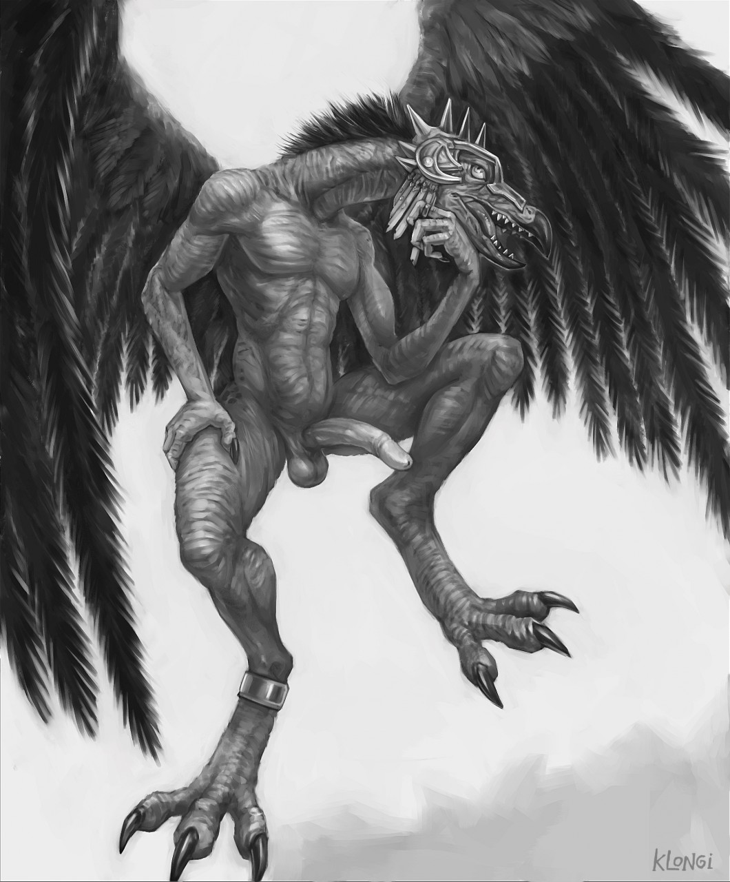 abs anthro avian balls beak bird chaos claws demon feathered_wings feathers jewelry klongi lord_of_change male monochrome pecs penis solo spread_wings talons teeth tzeentch warhammer_(franchise) wings