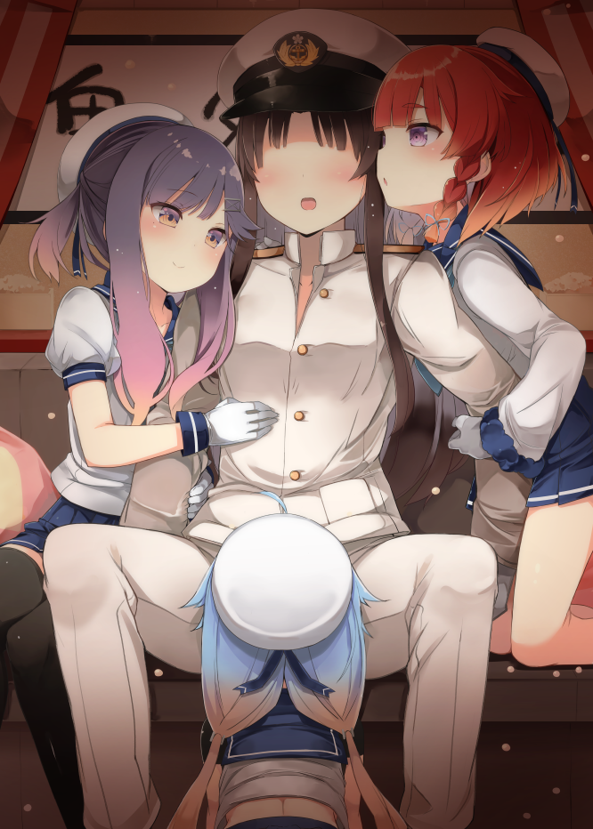 4girls bangs black_legwear blonde_hair blue_hair blue_neckwear blue_sailor_collar blue_skirt blush bob_cut braid breasts buttons closed_mouth commentary_request etorofu_(kantai_collection) eyebrows_visible_through_hair faceless female_admiral_(kantai_collection) gloves gradient_hair hair_ornament hat kantai_collection kneeling long_hair long_sleeves military military_hat military_uniform multicolored_hair multiple_girls naval_uniform neckerchief open_mouth orange_hair peaked_cap pleated_skirt puffy_short_sleeves puffy_sleeves purple_eyes purple_hair red_hair sado_(kantai_collection) sailor_collar sailor_hat school_uniform serafuku shin_(new) short_sleeves side_braid sidelocks skirt small_breasts smile spread_legs squatting thick_eyebrows thighhighs tsushima_(kantai_collection) twin_braids uniform white_gloves white_hat