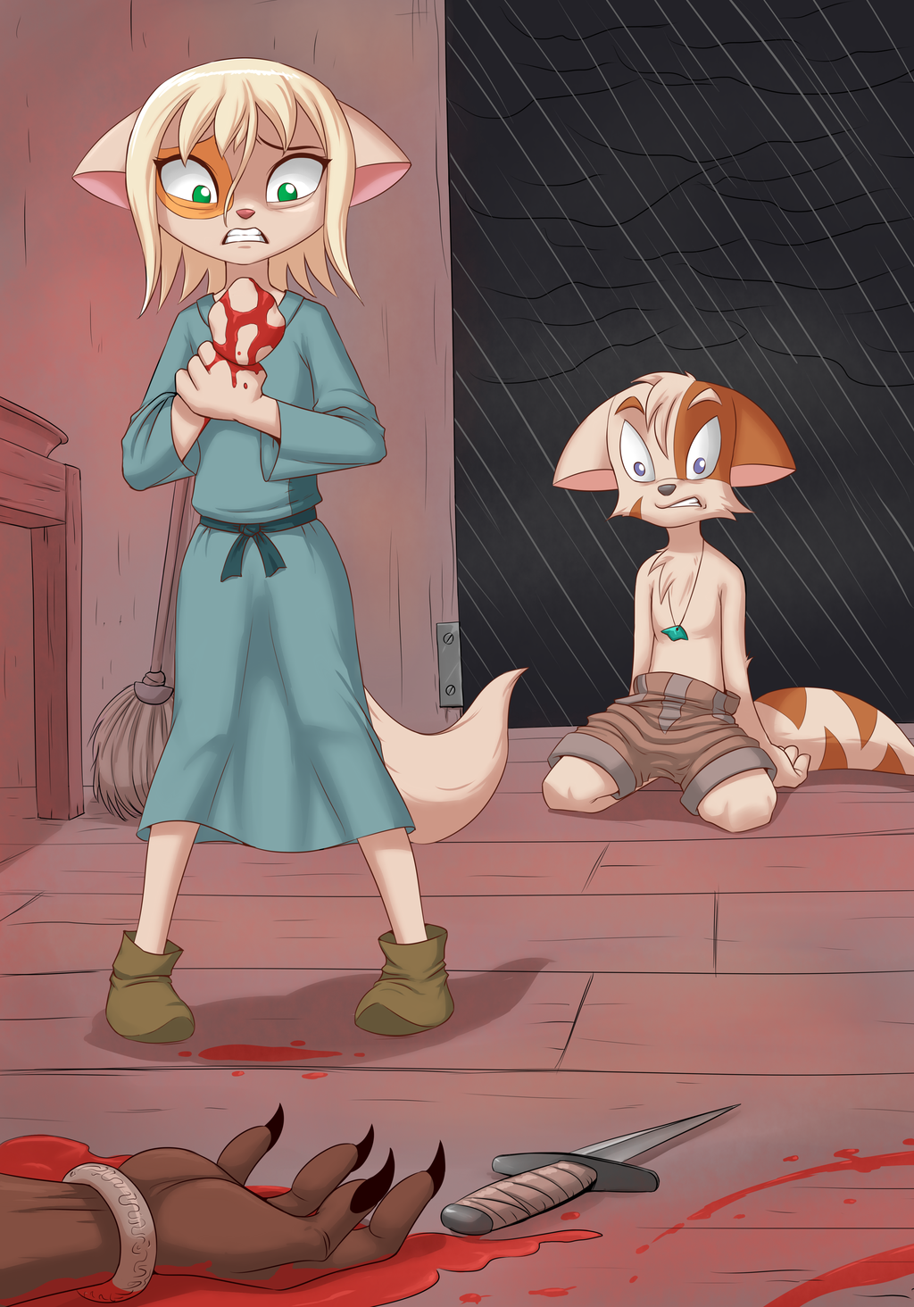 anthro blonde_hair blood cat claws clothed clothing dreamkeepers dress duo_focus feline flickich fur group hair knife mace_(dreamkeepers) mammal paige_(dreamkeepers) ravat shorts story story_in_description tan_fur topless young