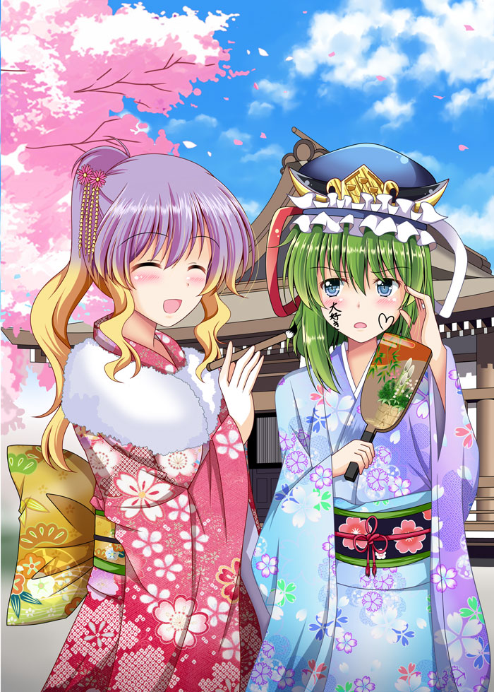 :d :o ^_^ alternate_costume alternate_hairstyle architecture bangs blonde_hair blue_eyes blush calligraphy_brush cherry_blossoms closed_eyes commentary_request cowboy_shot east_asian_architecture face_painting floral_print flower gradient_hair green_hair hagoita hair_flower hair_ornament hat hijiri_byakuren japanese_clothes kimono long_hair long_sleeves looking_at_another multicolored_hair multiple_girls new_year obi open_mouth ougi_(ihayasaka) paddle paintbrush parted_lips ponytail purple_hair sash shiki_eiki sidelocks smile touhou v-shaped_eyebrows wide_sleeves