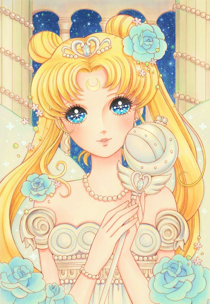 bishoujo_senshi_sailor_moon blonde_hair blue_eyes bracelet commentary_request crescent_moon double_bun dress facial_mark flower forehead_mark hair_flower hair_ornament jewelry jyan_borii long_hair moon necklace neo_queen_serenity pearl_bracelet pearl_necklace pillar sky smile solo sparkling_eyes star_(sky) starry_sky strapless strapless_dress tiara tsukino_usagi twintails wand white_dress