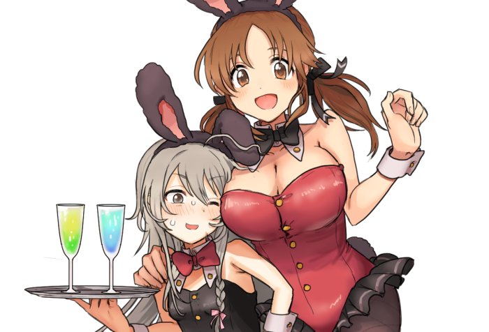 2girls :d a_ichi ahoge animal_ears arm_around_shoulder bare_shoulders black_neckwear blush bow bowtie braid breast_envy breasts brown_eyes brown_hair bunny_ears bunny_tail bunnysuit buttons cleavage clueless cup detached_collar drinking_glass face_to_breasts fake_animal_ears fishnet_legwear fishnets grey_eyes grey_hair height_difference hoshi_shouko idolmaster idolmaster_cinderella_girls large_breasts long_hair looking_at_breasts looking_at_viewer multiple_girls one_eye_closed open_mouth pantyhose red_neckwear side-by-side side_braid single_braid small_breasts smile sweatdrop tail tied_hair totoki_airi tray twintails white_background wine_glass wing_collar