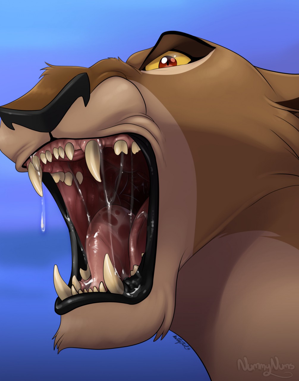 black_lips blue_background brown_fur disney feline female fur lion looking_at_viewer mammal mouth_shot nummynumz red_eyes saliva simple_background teeth the_lion_king zira