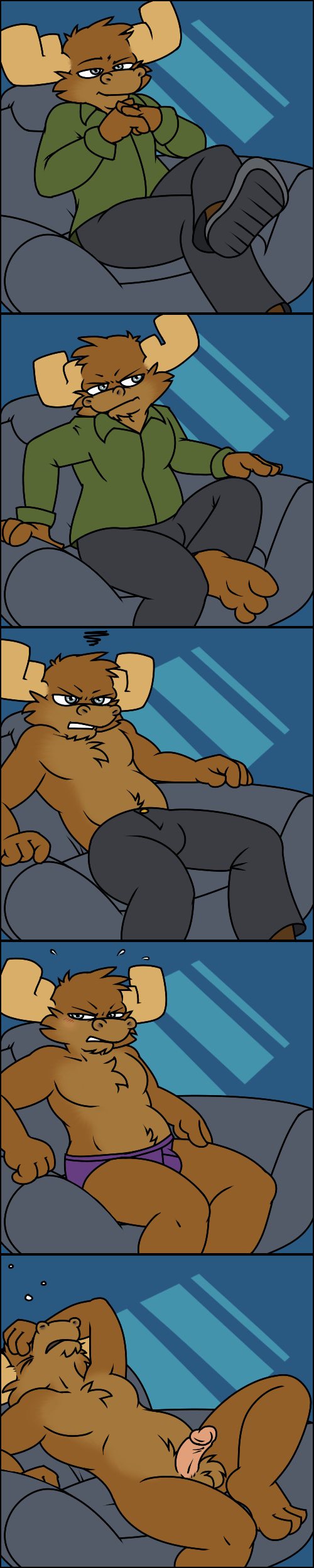 2014 angry anthro antlers armchair armpits balls blush brown_fur bulge cervine chair clothed clothing embarrassed fur grey_eyes hi_res hoodie horn male mammal moose nanimoose nanimoose_(character) nude open_mouth pants penis solo striptease underwear undressing