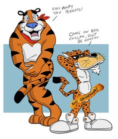 ascot cheetah cheetos chester_cheetah clothing convenient_censorship dialogue english_text eyewear feline footwear frosted_flakes fur kellogg's looking_at_viewer male mammal mascot nude pose shoes simple_background smile sunglasses text tiger tony_the_tiger