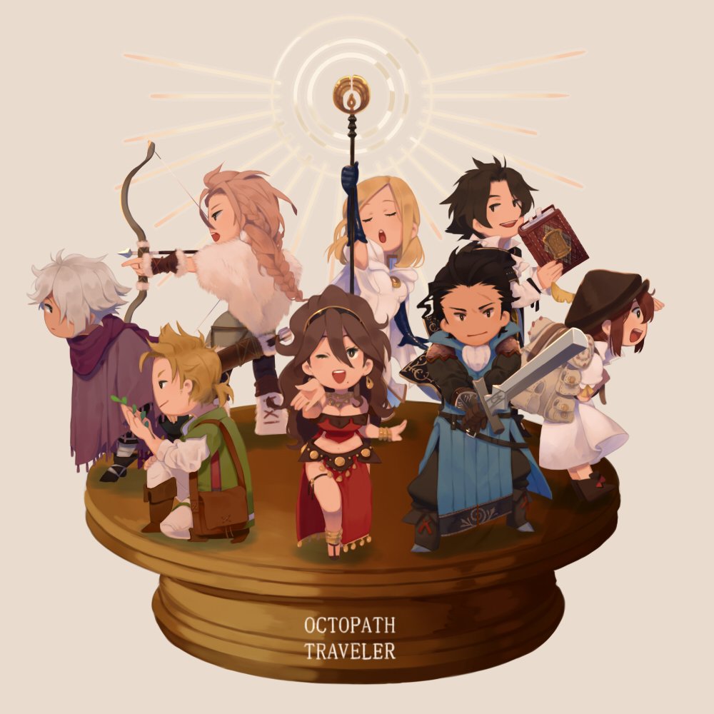 alfyn_(octopath_traveler) arrow bag black_hair blonde_hair book bow_(weapon) bracelet braid braided_ponytail brown_hair chibi cloak cyrus_(octopath_traveler) dancer dress eyes_closed fringe_trim gloves green_eyes h'aanit_(octopath_traveler) hair_over_one_eye hat irono16 jewelry linde_(octopath_traveler) long_hair looking_at_viewer multiple_boys multiple_girls navel necklace octopath_traveler olberic_eisenberg one_eye_closed open_mouth ophilia_(octopath_traveler) ponytail primrose_azelhart scar scarf short_hair simple_background smile snow_leopard staff sword therion_(octopath_traveler) tressa_(octopath_traveler) weapon white_hair