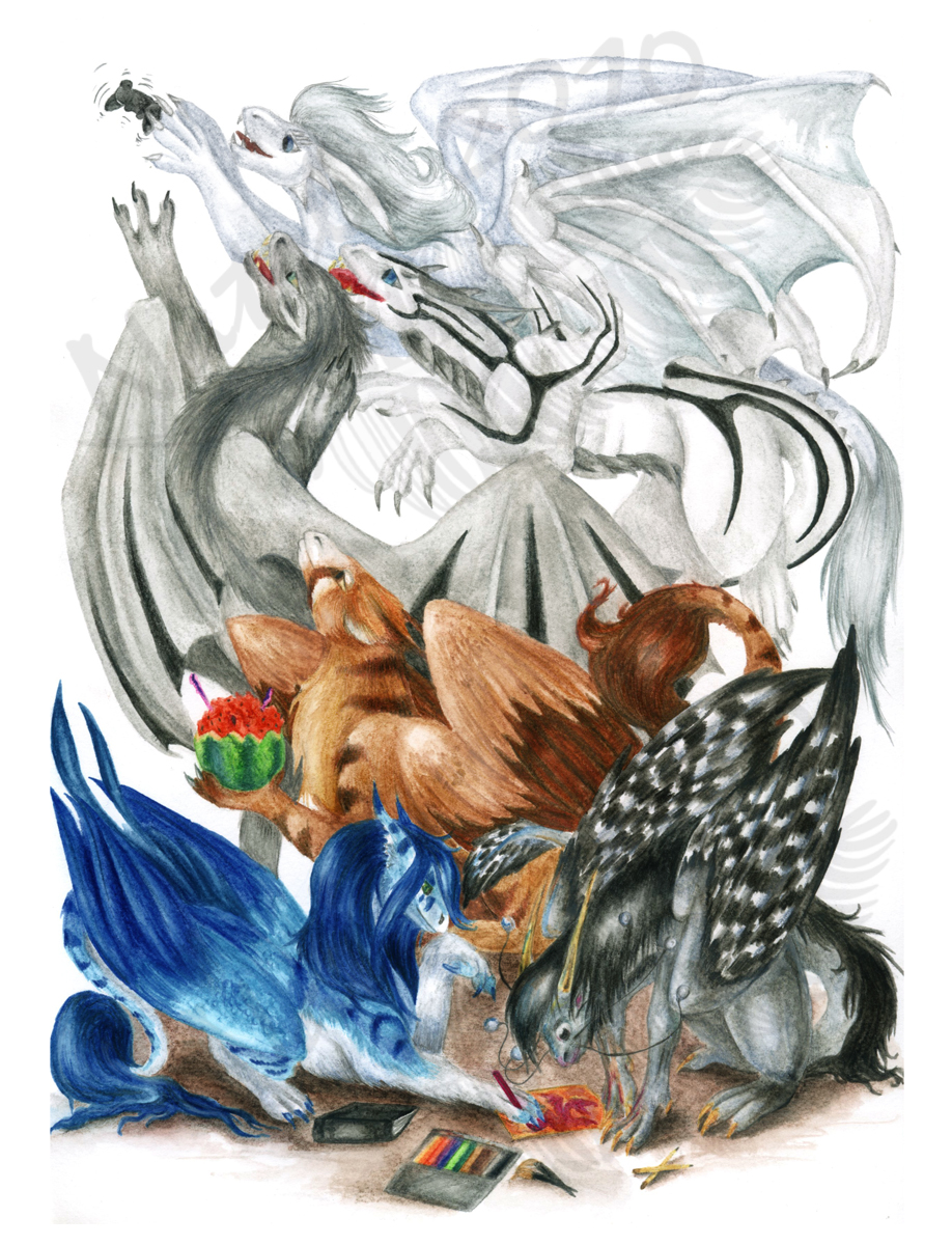 2010 ambiguous_gender black_feathers blue_eyes blue_feathers blue_fur brown_feathers claws dragon feathered_wings feathers feral fur membranous_wings natoli nude open_mouth simple_background smile teeth tongue traditional_media_(artwork) watermark white_background wings