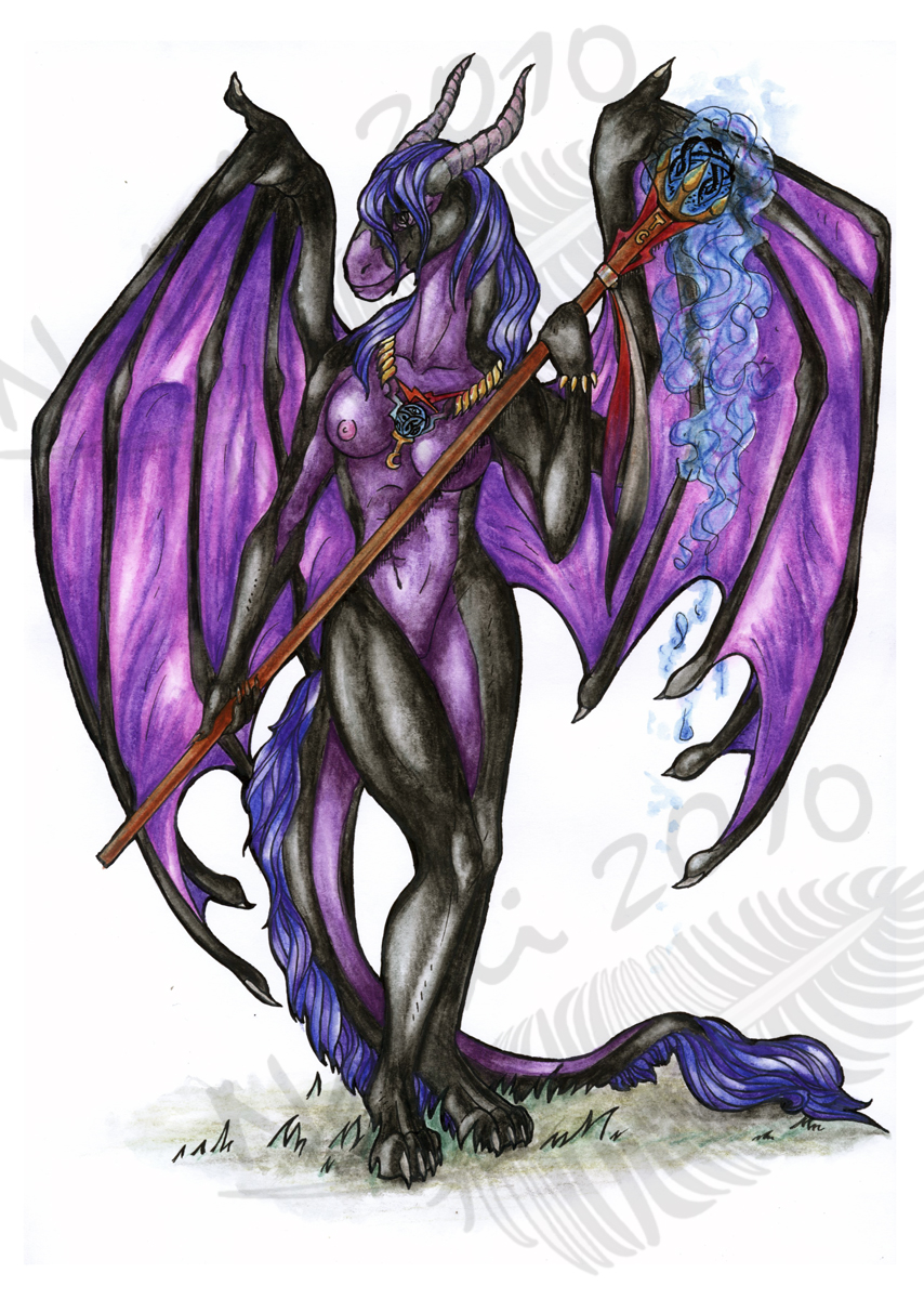 2010 anthro breasts digitigrade dragon featureless_crotch female grass hair holding_object horn membranous_wings natoli non-mammal_breasts nude purple_hair simple_background smile solo staff standing traditional_media_(artwork) white_background wings