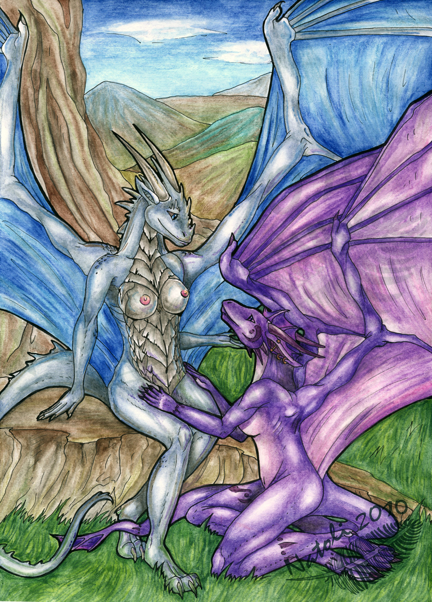 2010 5_fingers blue_eyes breasts day detailed_background dragon duo grass horn membranous_wings natoli nipples non-mammal_breasts nude outside smile traditional_media_(artwork) tree watermark wings