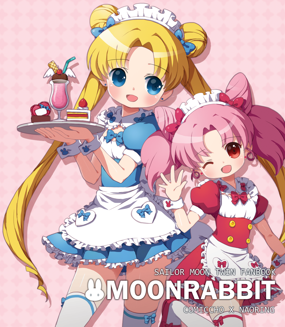 :d ;d apron bishoujo_senshi_sailor_moon blonde_hair blue_bow blue_dress blue_eyes bow cake chibi_usa choi_e_sul cowboy_shot double_bun dress earrings food frilled_apron frills glass hair_bow jewelry long_hair maid_headdress multiple_girls one_eye_closed open_mouth pink_background pink_hair red_bow red_dress red_eyes short_hair smile strawberry_shortcake thighhighs tray tsukino_usagi twintails wafer waitress white_legwear wrist_cuffs