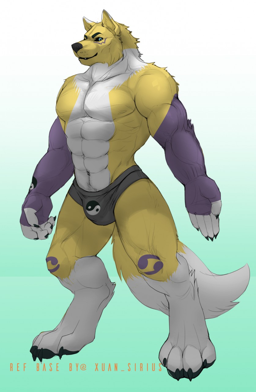 2016 abs anthro black_sclera blue_eyes bulge canine clothed clothing digimon digitigrade english_text fox fur male mammal muscular muscular_male navel pawpads purple_fur renamon smile solo text topless underwear white_fur xuan_sirius yellow_fur zodiak-fox