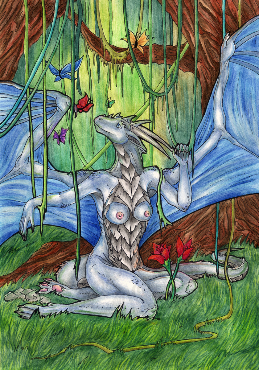 2010 5_fingers blue_eyes breasts day detailed_background dragon grass horn kneeling membranous_wings natoli nipples non-mammal_breasts nude outside smile traditional_media_(artwork) tree watermark wings