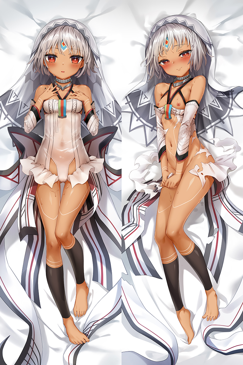 altera_(fate) bare_shoulders barefoot bed_sheet black_nails blush breasts closed_mouth commentary_request dakimakura dark_skin detached_sleeves dress fate/extella fate/extra fate_(series) feet fingernails grey_hair groin halterneck hand_up head_tilt highres long_sleeves lying multiple_views nail_polish navel nipples on_back on_side own_hands_together parted_lips red_eyes short_hair small_breasts smile sweat torn_clothes torn_dress tuminiakira veil white_dress white_sleeves