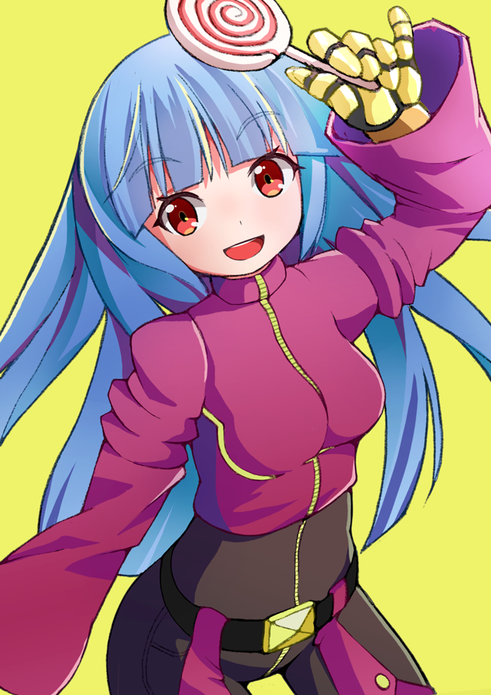 1girl :d arm_up bangs belt belt_buckle black_belt blue_hair blunt_bangs blush brown_pants buckle candy commentary_request cropped_jacket eyebrows_visible_through_hair food gloves head_tilt holding holding_food holding_lollipop jacket kula_diamond lollipop long_hair long_sleeves mamagogo_(gomaep) open_mouth pants purple_jacket red_eyes round_teeth simple_background smile solo swirl_lollipop teeth the_king_of_fighters upper_teeth very_long_hair wide_sleeves yellow_background yellow_gloves