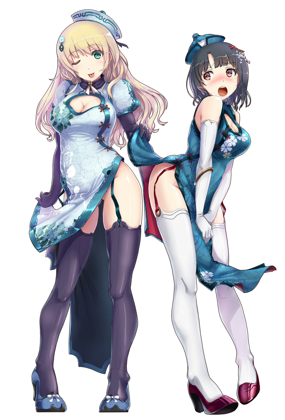 :o ;p alternate_costume ass_visible_through_thighs atago_(kantai_collection) bare_shoulders black_gloves black_hair blonde_hair blush breasts china_dress chinese_clothes cleavage cleavage_cutout dress elbow_gloves garter_straps gloves green_eyes hat hi-ho- highres kantai_collection large_breasts long_hair looking_at_viewer multiple_girls no_panties one_eye_closed open_mouth pelvic_curtain puffy_sleeves red_eyes short_hair side_slit takao_(kantai_collection) thighhighs tongue tongue_out white_gloves