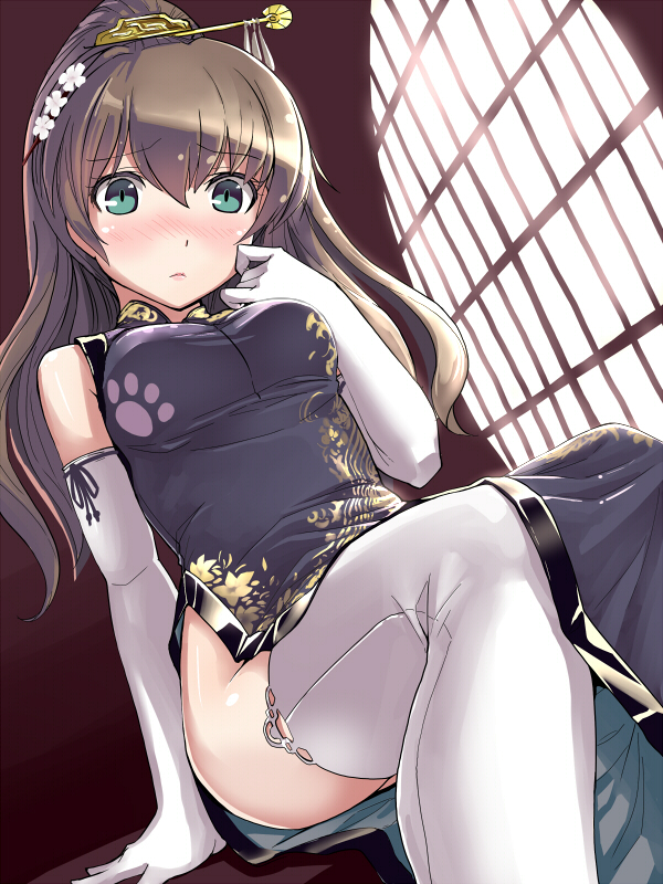 aqua_eyes arm_support bare_shoulders blush breasts brown_hair china_dress chinese_clothes detached_sleeves dress dutch_angle elbow_gloves from_below gloves hair_ornament hi-ho- kantai_collection kumano_(kantai_collection) long_hair looking_at_viewer medium_breasts no_panties ponytail side_slit solo thighhighs white_legwear