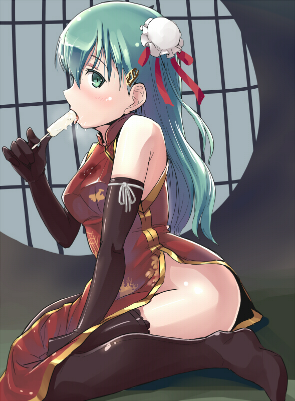 black_legwear china_dress chinese_clothes double_bun dress elbow_gloves food from_side gloves grey_hair hi-ho- kantai_collection long_hair no_panties popsicle sexually_suggestive shiny shiny_skin sitting solo stain suzuya_(kantai_collection) thighhighs