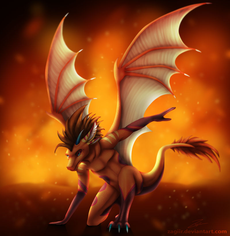 anthro blue_eyes brown_hair claws digital_media_(artwork) dragon embers english_text fire hair horn humanoid membranous_wings nude signature solo text watermark wings zagiir