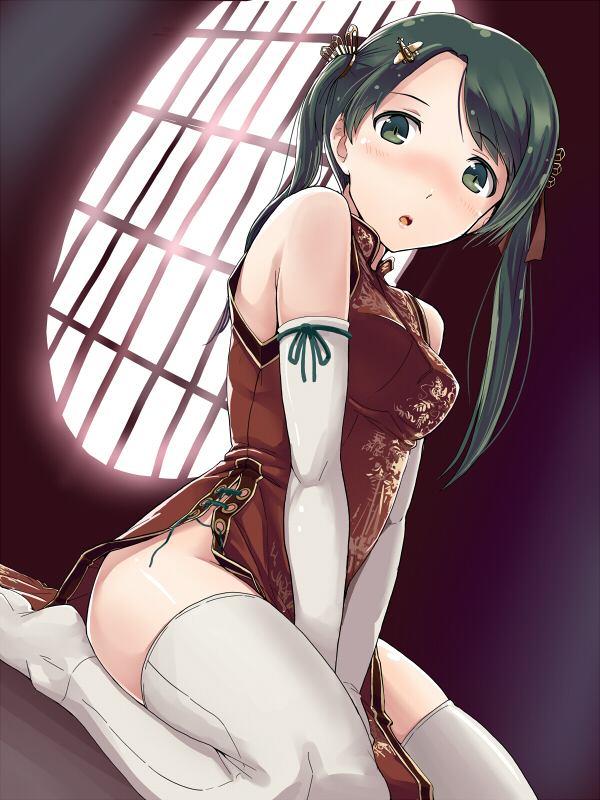 alternate_costume blush breasts china_dress chinese_clothes dress dutch_angle elbow_gloves gloves green_eyes green_hair hair_ornament hi-ho- kantai_collection lips long_hair looking_at_viewer medium_breasts mikuma_(kantai_collection) open_mouth round_window short_dress sitting solo thighhighs thighs twintails v_arms wariza white_gloves white_legwear window