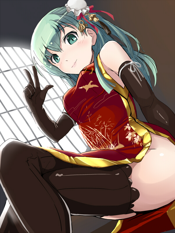 blush brown_legwear china_dress chinese_clothes crossed_legs double_bun dress dutch_angle elbow_gloves from_below gloves green_eyes green_hair hi-ho- kantai_collection lips long_hair no_panties round_window sitting smile solo suzuya_(kantai_collection) thighhighs w window