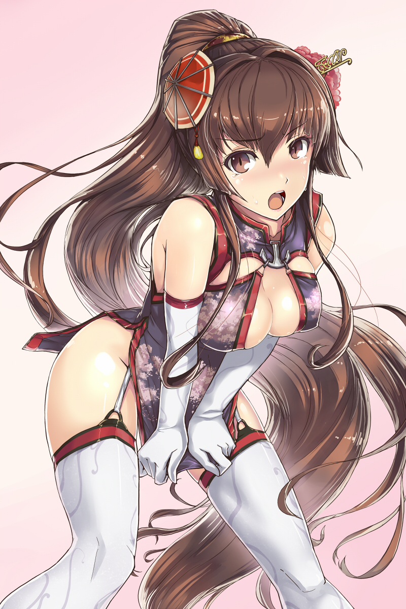 anchor blush breasts brown_eyes brown_hair china_dress chinese_clothes cleavage dress elbow_gloves eyebrows_visible_through_hair garter_straps gloves hair_ornament hi-ho- highres kantai_collection large_breasts long_hair looking_at_viewer open_mouth ponytail solo thighhighs undersized_clothes very_long_hair yamato_(kantai_collection)
