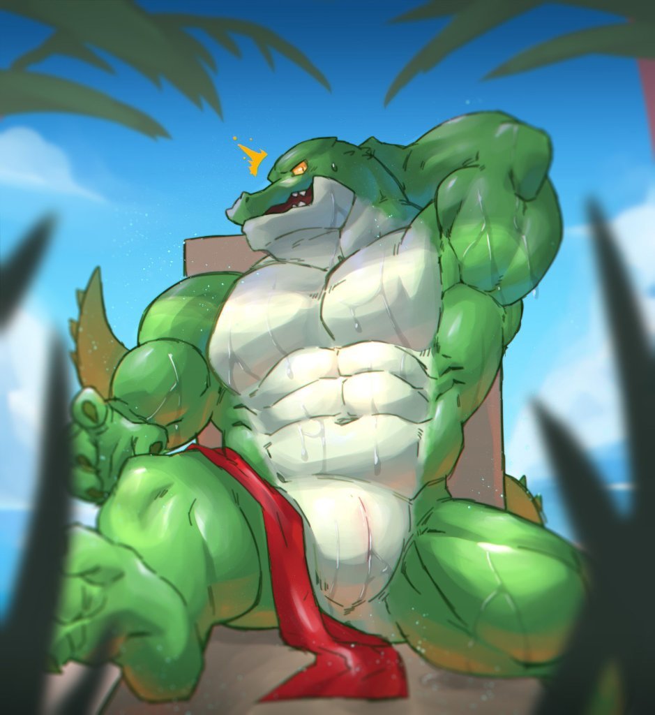 abs animal_genitalia anthro barazoku biceps claws crocodile crocodilian fangs genital_slit looking_at_viewer male muscular muscular_male navel nude open_mouth outside pecs reptile scalie sea sitting slit solo sweat vorusuarts water yellow_eyes