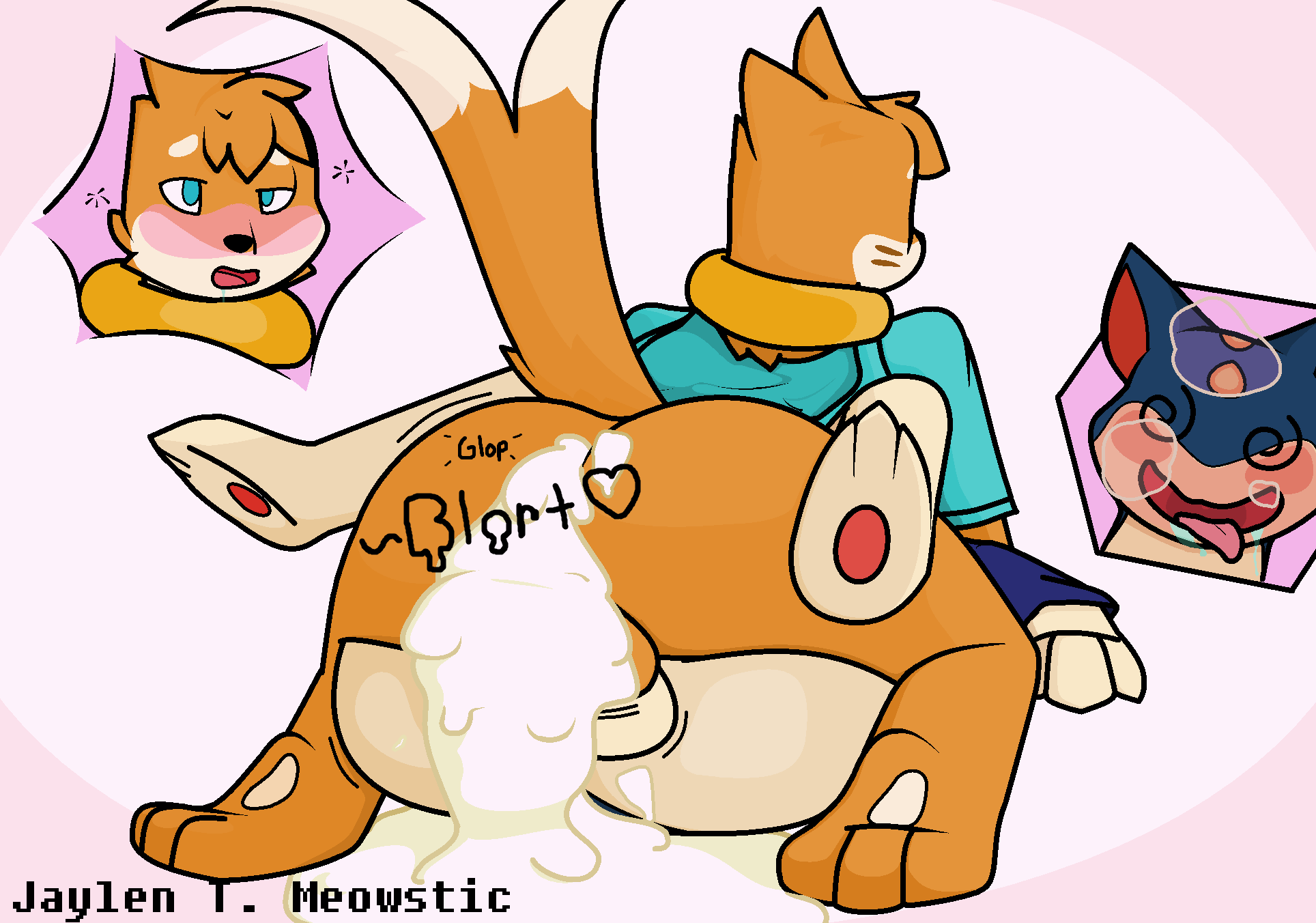 after_sex anthro balls blush bottomless buizel clothed clothing cum cum_from_ass drooling duo excessive_cum hi_res jaylen_the_meowstic male male/male mammal nintendo open_mouth pok&eacute;mon pok&eacute;mon_(species) quilava rear_view saliva signature spiral_eyes tongue tongue_out video_games