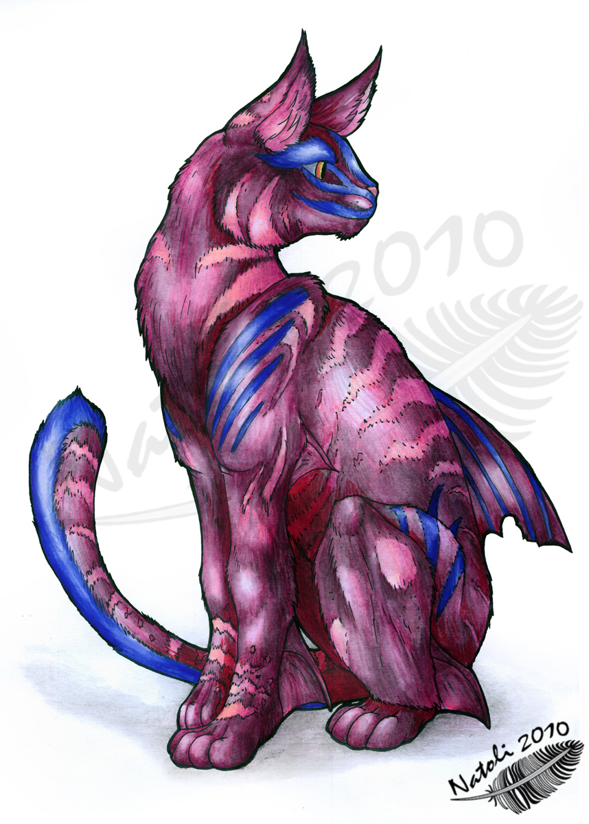 2010 ambiguous_gender cat feline feral fur mammal natoli paws purple_fur sitting traditional_media_(artwork) watermark