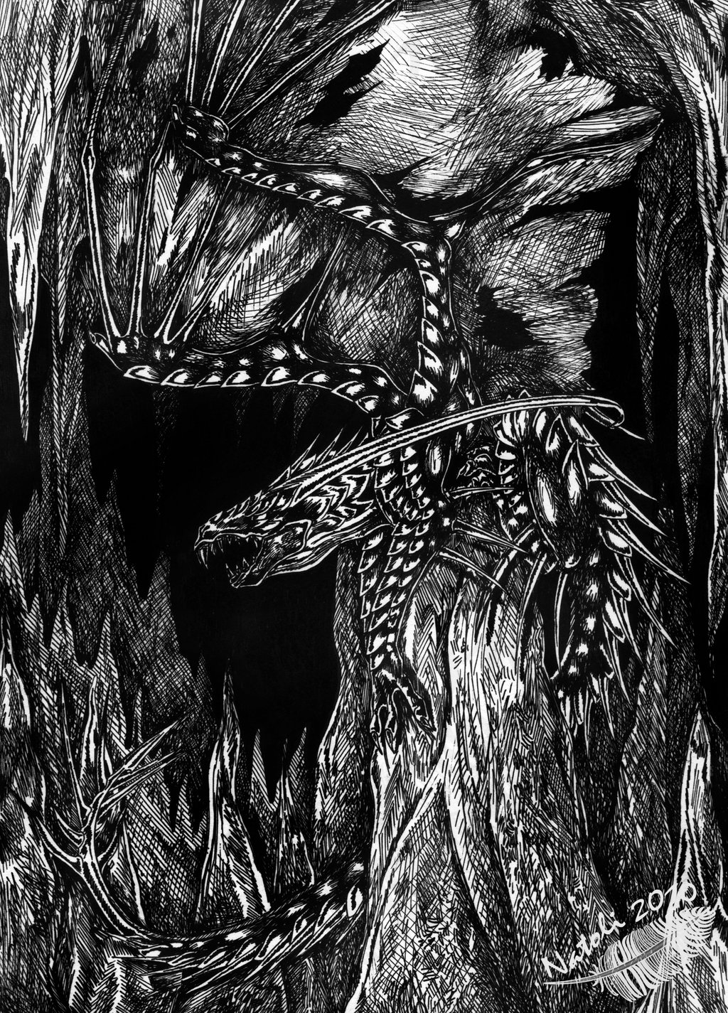 2010 ambiguous_gender black_and_white cave claws detailed_background dragon feral horn membranous_wings monochrome natoli nude open_mouth solo teeth traditional_media_(artwork) wings