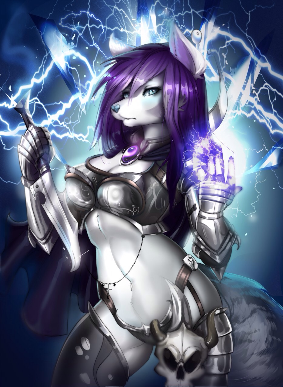2016 amulet anthro arm_wear armor blue_eyes blush canine cape chest_plate clothed clothing dagger detailed_background dog eyebrows eyelashes female fur grey_fur hair hi_res horn jewelry legwear lightning looking_at_viewer mammal melee_weapon nitricacid_(artist) purple_hair skull slim snout solo supernatural underwear weapon