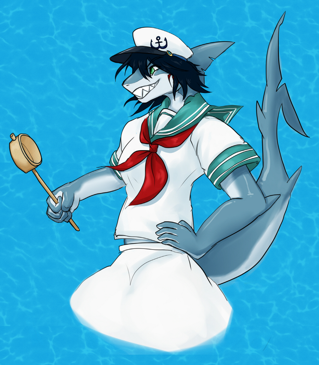 alternate_species anthro blue_background clothed clothing female fish furrification grin hat marine murasa_minamitsu sailor_outfit shark simple_background solo touhou water