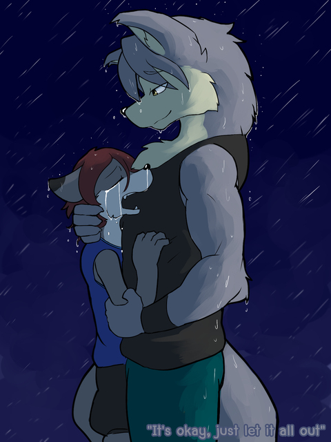 canine clothed clothing crying dark dog duo fox hug husky kouya_(morenatsu) love male male/male mammal morenatsu night raining romantic_couple sad sirus size_difference standing tears wet whiteleo