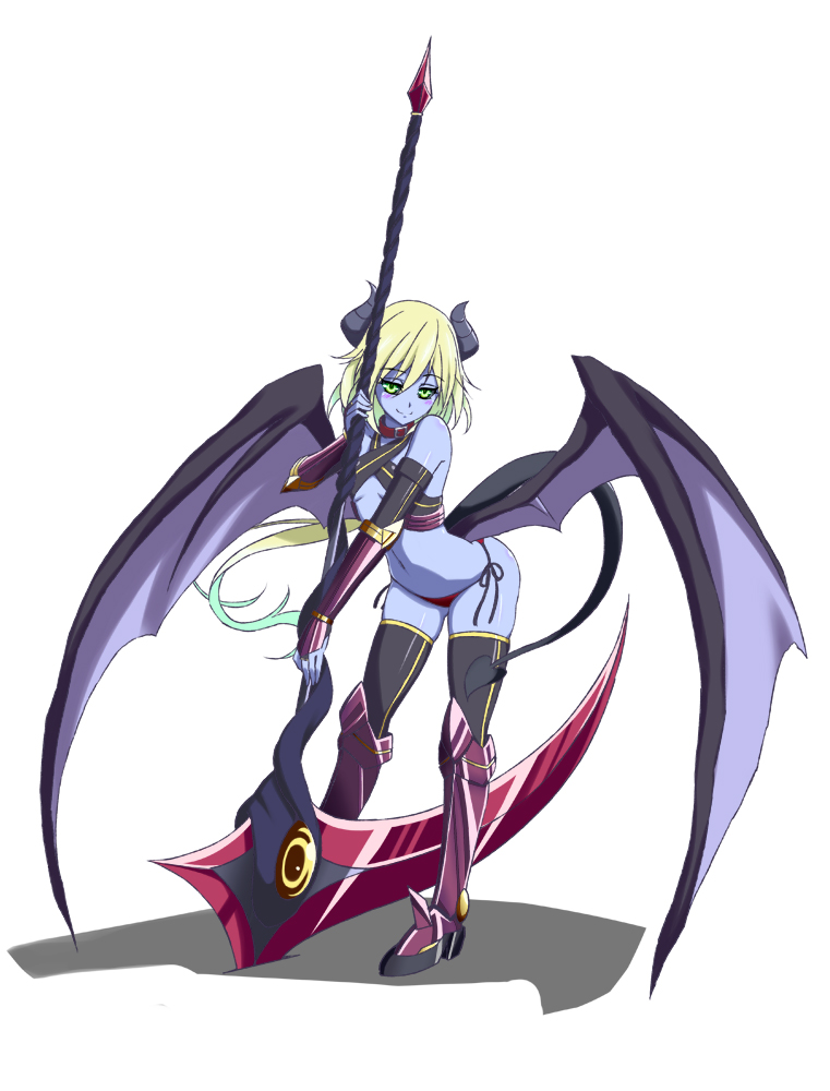 armor armored_boots black_sclera blonde_hair blue_skin blush boots collar demon_girl demon_horns demon_tail demon_wings full_body green_eyes h-new holding holding_weapon horns knee_boots original purple_footwear scythe smile solo tail weapon wings