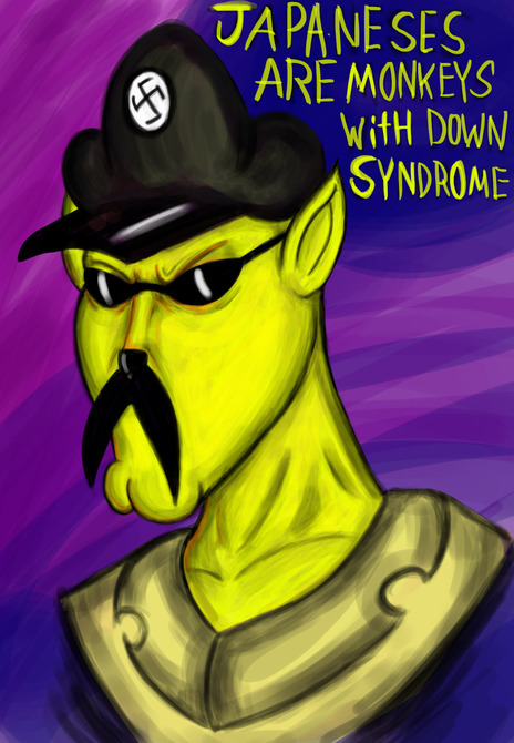 2011 anthro clothed clothing english_text engrish eyewear facial_hair feline glasses labattage male mammal muscular muscular_male mustache nazi portrait purple_background racism simple_background speech_bubble swastika text yellow_skin