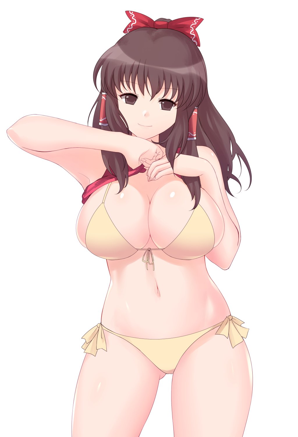 alternate_costume armpits bangs bare_arms bare_shoulders bikini black_eyes black_hair bow breasts brown_hair cleavage closed_mouth cowboy_shot front-tie_bikini front-tie_top hair_bow hair_tubes hakurei_reimu highres large_breasts long_hair looking_at_viewer navel ponytail side-tie_bikini sidelocks smile solo stomach swimsuit touhou undressing white_background x&amp;x&amp;x yellow_bikini