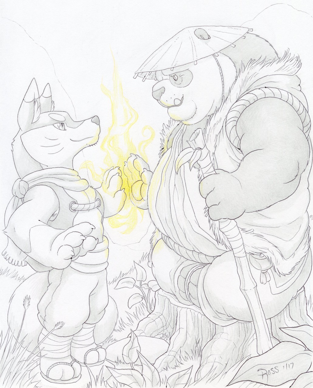 anthro bear canine conical_hat corac_fox digitigrade dudebulge duo eye_contact fox li_shan male mammal overweight overweight_male panda pencil_(artwork) signature sitting size_difference staff standing traditional_media_(artwork) whiskers