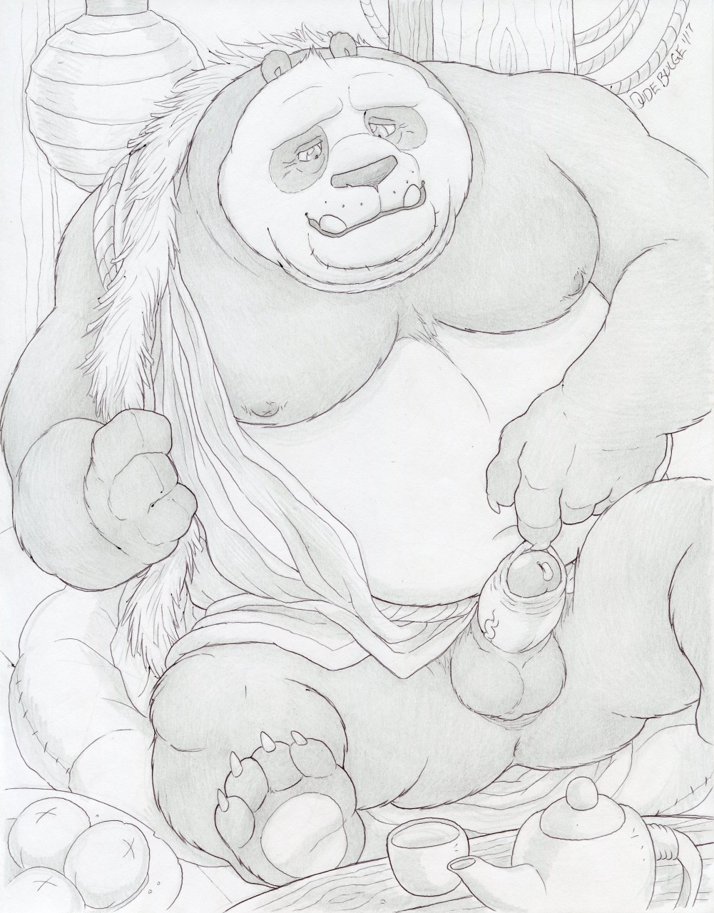 anthro balls bear bottomless clothed clothing clothing_aside cushion dudebulge erection foreskin_pull greyscale humanoid_penis kung_fu_panda li_shan male mammal monochrome moobs nipples overweight overweight_male panda partially_retracted_foreskin pencil_(artwork) penis reclining signature sitting solo spread_legs spreading teapot traditional_media_(artwork) uncut uncut_with_sheath vein veiny_penis