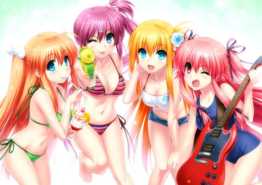 :d ;d angel_beats! bikini blonde_hair blue_eyes blue_swimsuit charlotte_(anime) company_connection crossover denim denim_shorts electric_guitar fang green_bikini guitar hair_bobbles hair_ornament halter_top halterneck instrument key_(company) little_busters! long_hair multiple_girls nishimori_yusa old_school_swimsuit one-piece_swimsuit one_eye_closed ootori_chihaya open_mouth orange_hair parfait pink_hair purple_hair red_eyes rewrite saigusa_haruka school_swimsuit shorts side-tie_bikini side_ponytail smile striped striped_bikini swimsuit tongue tongue_out two_side_up water_gun yui_(angel_beats!) zen