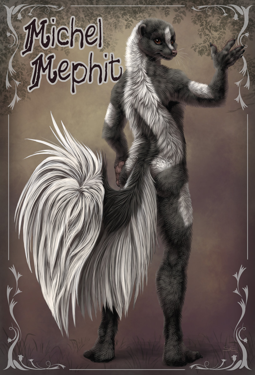 2016 5_fingers anthro barefoot big_tail biped black_fur black_nose black_tail brown_eyes claws digital_media_(artwork) fluffy fluffy_tail full-length_portrait fur hi_res long_tail looking_at_viewer looking_back male mammal michel_mephit multicolored_fur multicolored_tail name_badge nude plantigrade portrait rear_view sabretoothed_ermine signature simple_background skunk snout solo tan_background tasteful_nudity two_tone_fur two_tone_tail waving whiskers white_fur white_tail